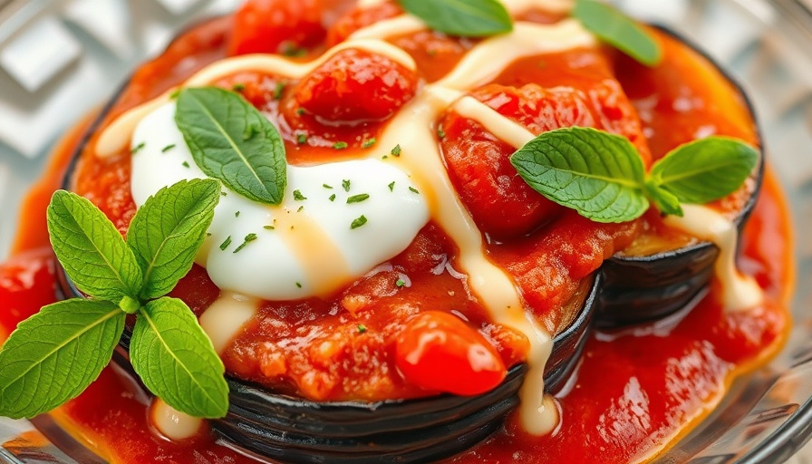 Close-up of Borani Banjan recipe with eggplant and yogurt.