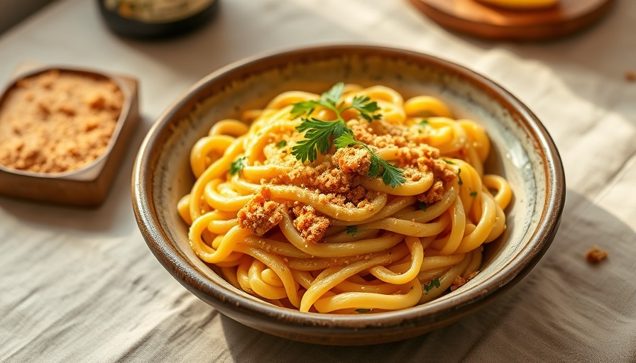 One-Pot Beer Cheese Bucatini with breadcrumbs on ceramic plate.