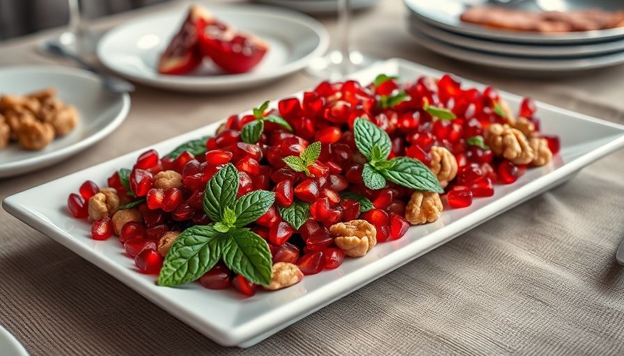 Colorful dish with pomegranate and mint, global recipes theme.