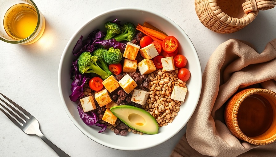 Global recipes: colorful Buddha bowl with veggies and tofu.