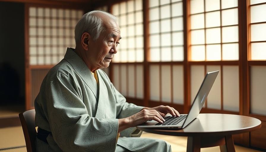 Elderly man in kimono working in traditional Japanese room.