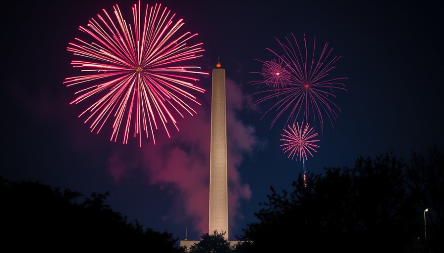 Fireworks behind monument for America's 250th birthday celebration.
