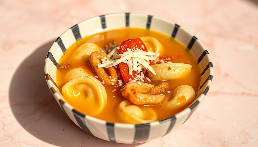 Warm tortellini soup with cheese in striped bowl, global recipes.