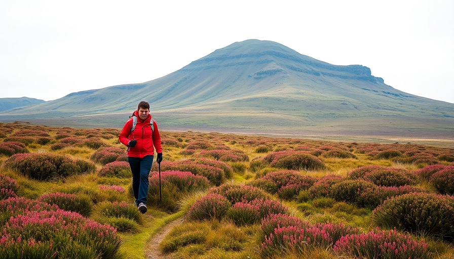 Hiker on moorland path with hill backdrop, exploring the best pilgrimages in the UK.