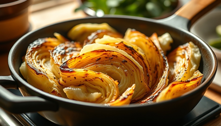 Charred cabbage wedges with shrimp paste butter in skillet