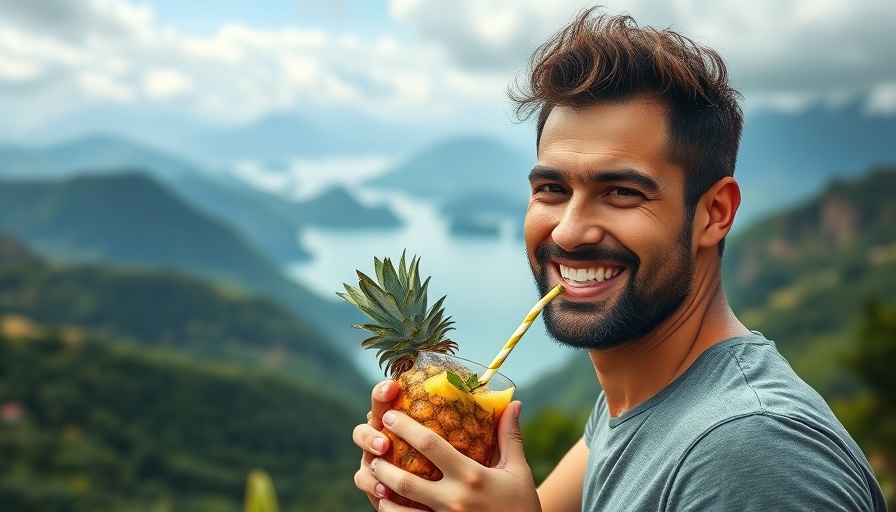 Travel inspiration: Man in scenic setting with pineapple drink.