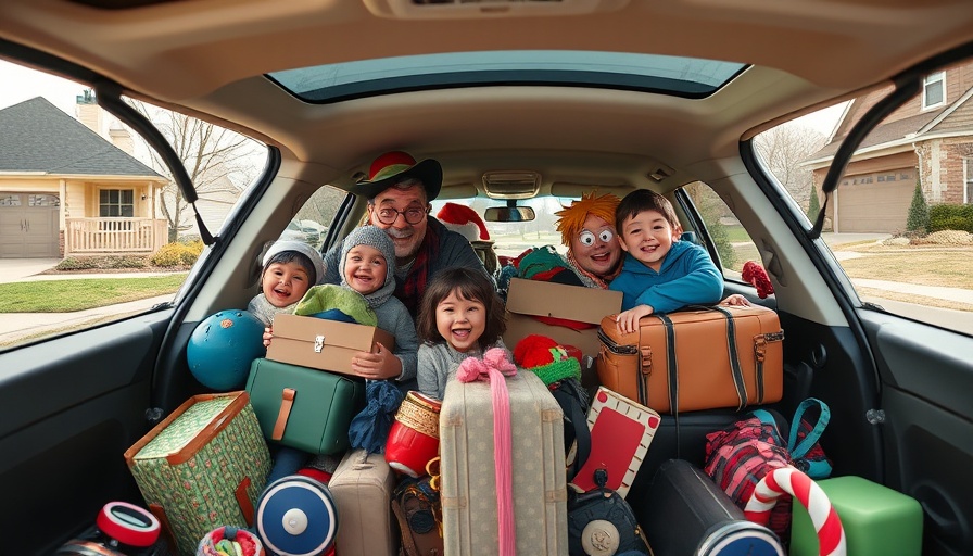 Comically chaotic family overpacking car with holiday gear, overselling abilities.