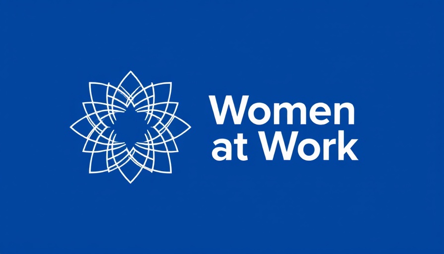 Bold 'Women at Work' logo with geometric pattern on blue background.