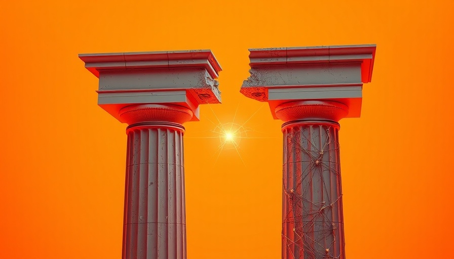Surreal column with neural network bridging gap, generative AI in finance.