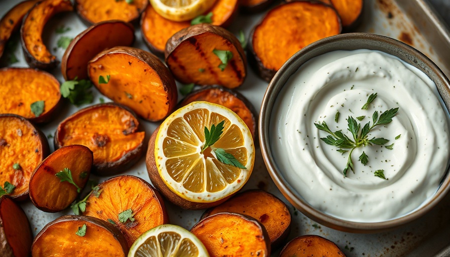 Delicious roasted sweet potatoes with herbs and dip, featuring global recipes.