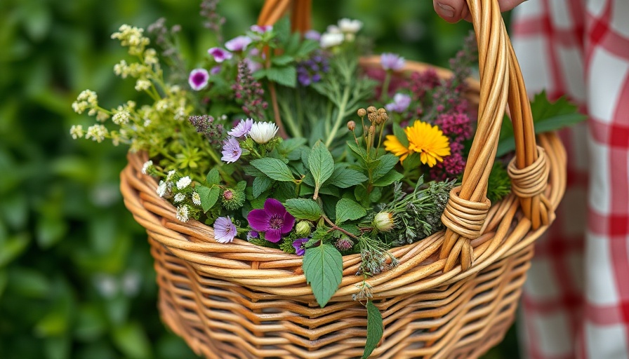Wicker basket with foraged herbs in lush UK foliage.
