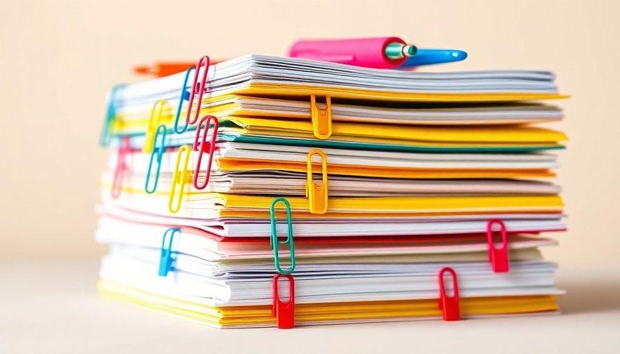 Stacked documents with colorful clips in professional setting