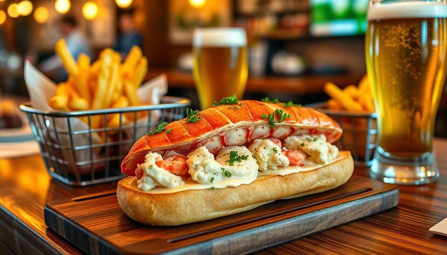 Delicious lobster roll with fries and beer in Boston.