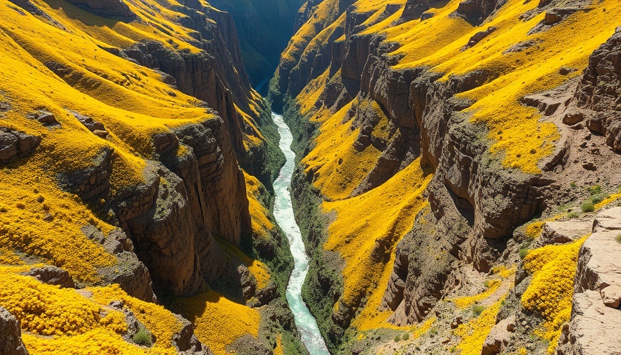 Scenic wildflower hiking canyon in US with yellow blooms.