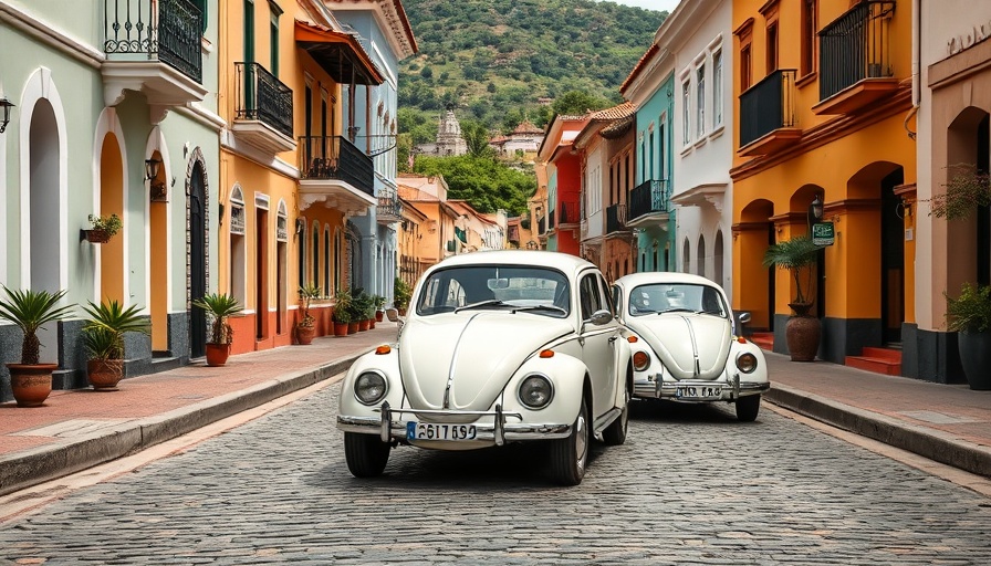 Charming cobblestone street with classic Beetles, colorful buildings; Best Places to Visit in Mexico