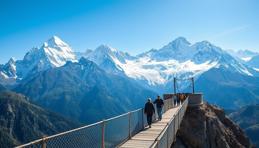 Suspension bridge in the Himalayas with snow-capped peaks, Best Places to Visit in Asia.