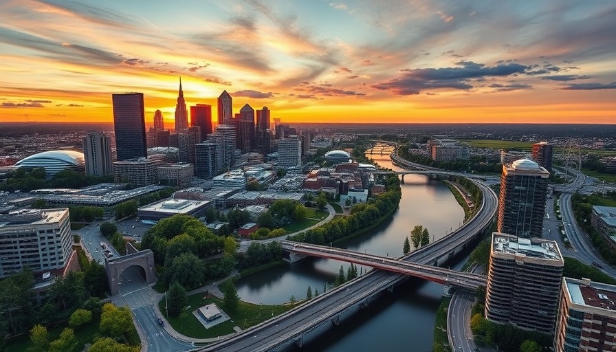 Aerial view of Edmonton skyline at sunset, showcasing cityscape and river.
