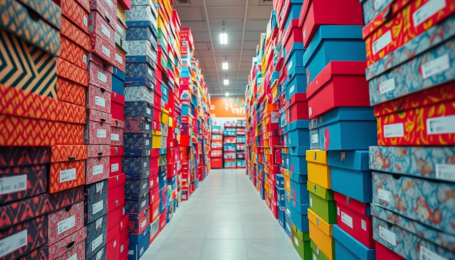 Colorful shoe boxes in retail store aisle, organized display.