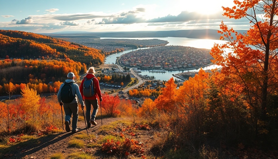 Autumn view of St. John's with hikers and colorful foliage.