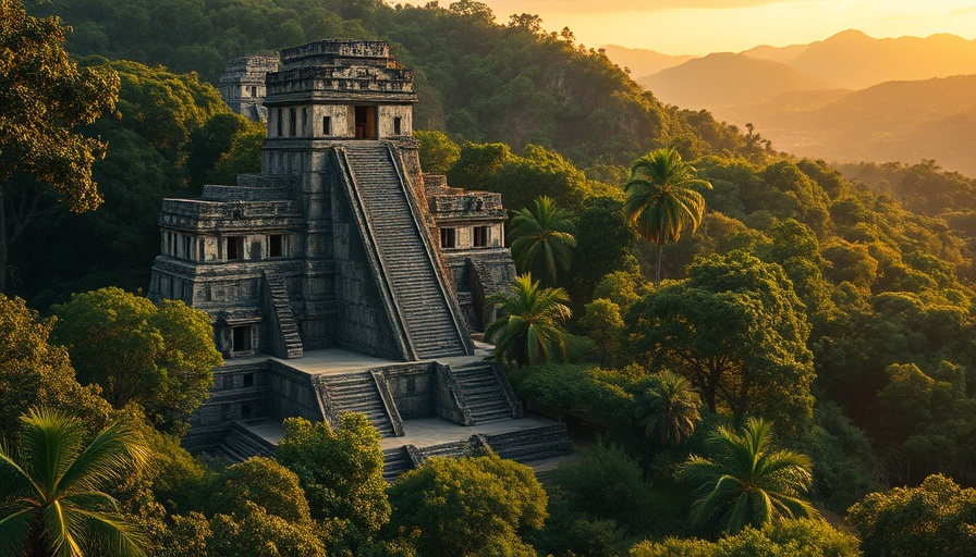 Maya ruins in Petén, Guatemala, amidst lush jungle at sunset.