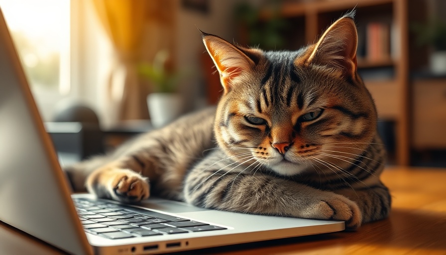 Grumpy cat on laptop symbolizing relaxed motivation strategies for women entrepreneurs.