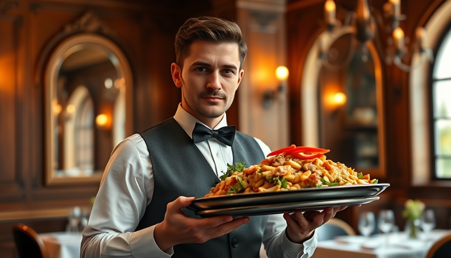Waiter serving Romanian cuisine in classic restaurant