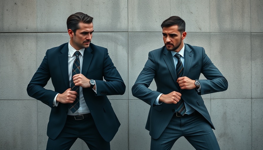 Businessmen preparing for confrontation in a tense stance.