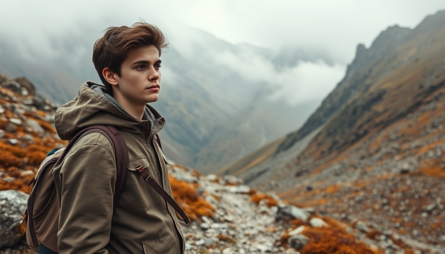 Travel inspiration in Carpathian Alps: young hiker on misty mountain trail.