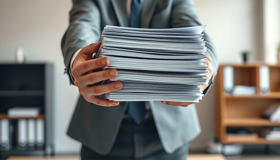 Hands managing towering paperwork stack in office - women in business.