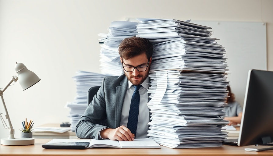 Business professional handling paperwork overload in an office setting.