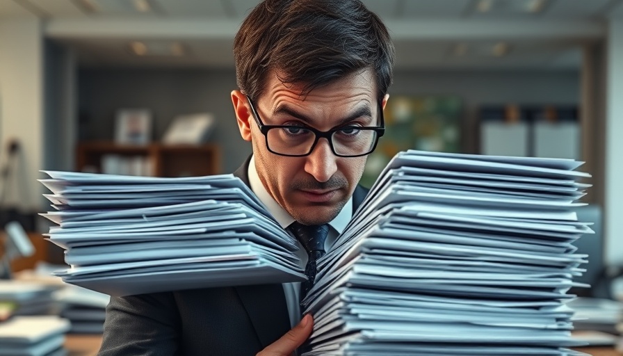 Businessperson handling paperwork overload in office setting.