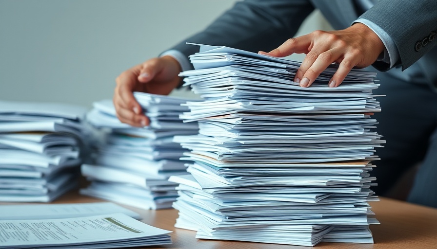 Organizing paperwork on desk, representing women in business tasks.