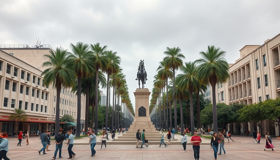 Montevideo travel destination plaza with statue and palms.