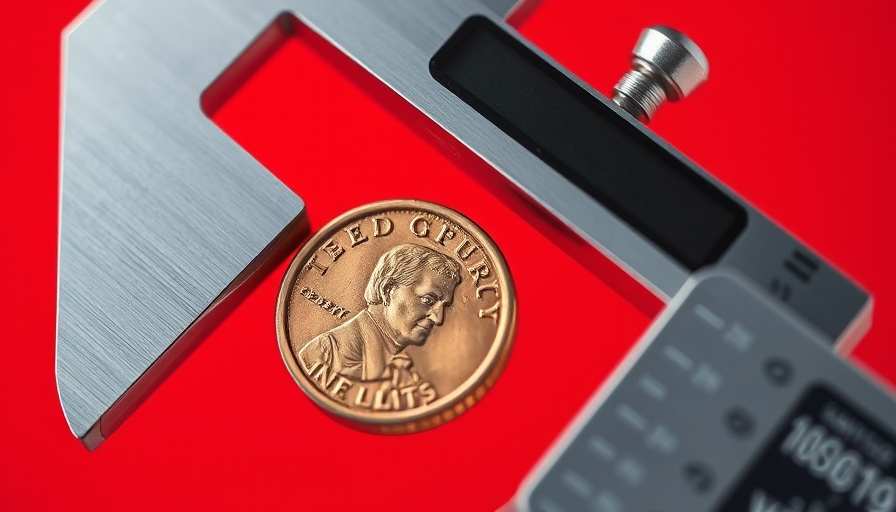 Steel caliper measuring penny against red backdrop, symbolizing strategies to close pay gaps.