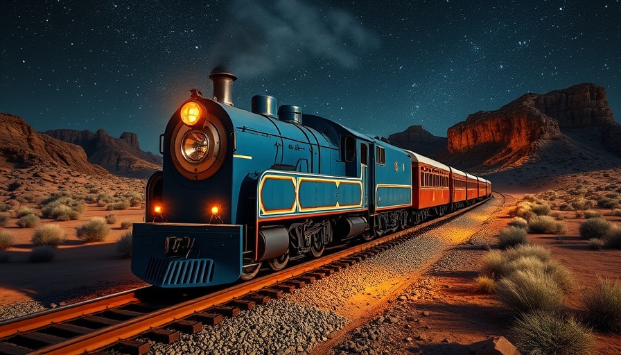 Blue stargazing train traveling under a starry sky in U.S. desert.