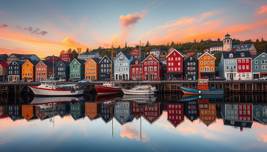 Colorful Lunenburg harbor at sunset in Nova Scotia reflecting on water.