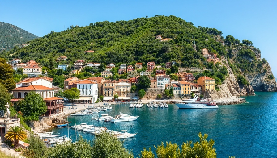 Charming coastal village surrounded by lush greenery and ocean.