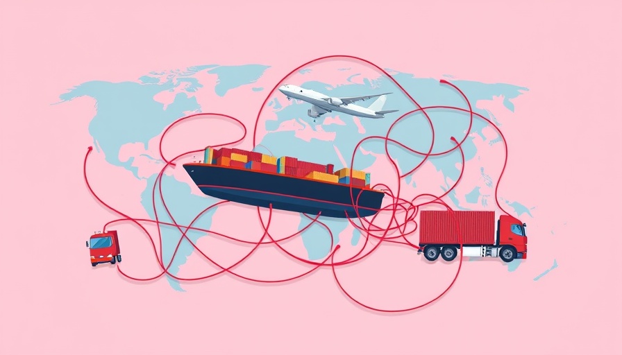Cartoon illustrating tariff wars in supply chain with transport modes tangled.