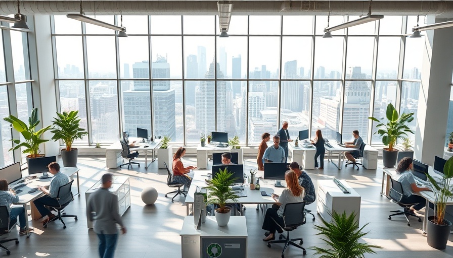 Modern office setup with city view, collaborative environment.