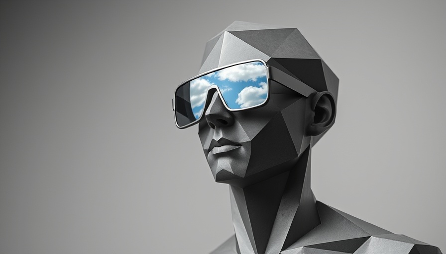Abstract geometric sculpture of a figure with sky-reflective glasses.