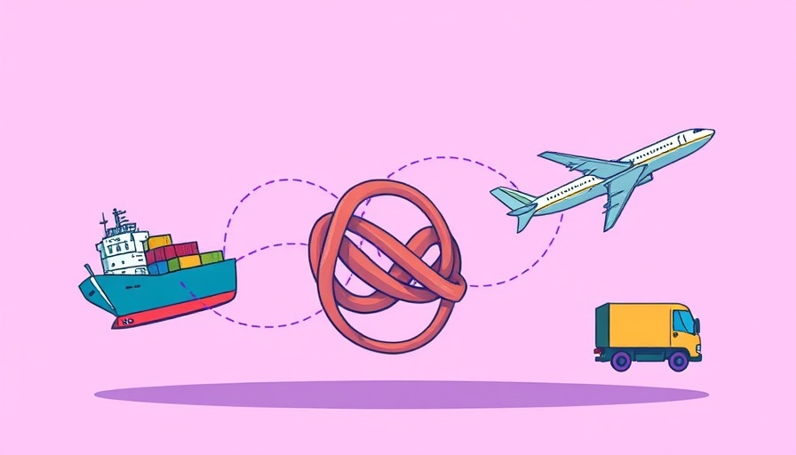Cartoon of supply chain disruption with transport modes tied in a knot, illustrating tariff wars supply chain strategies.