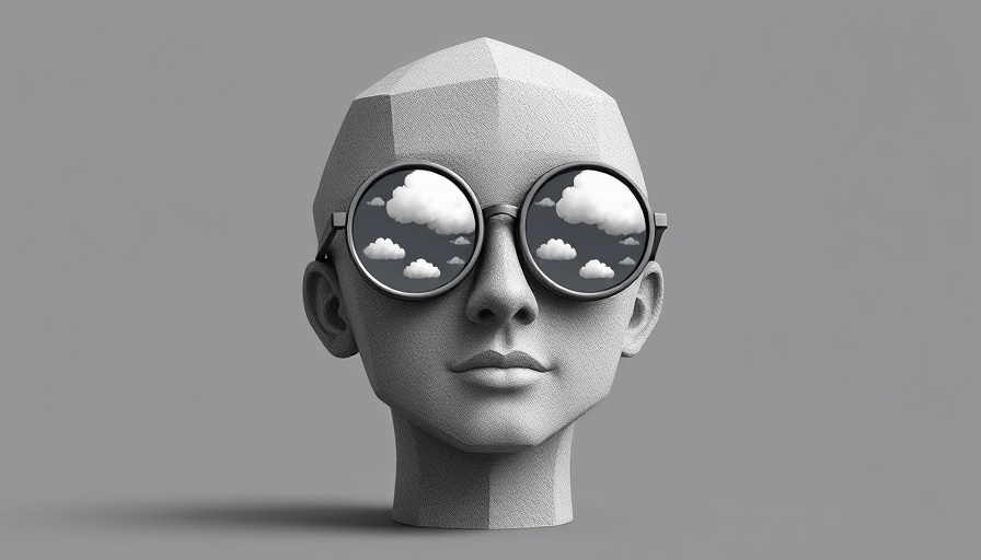 Geometric sculpture with cloud-reflective glasses, representing creativity.