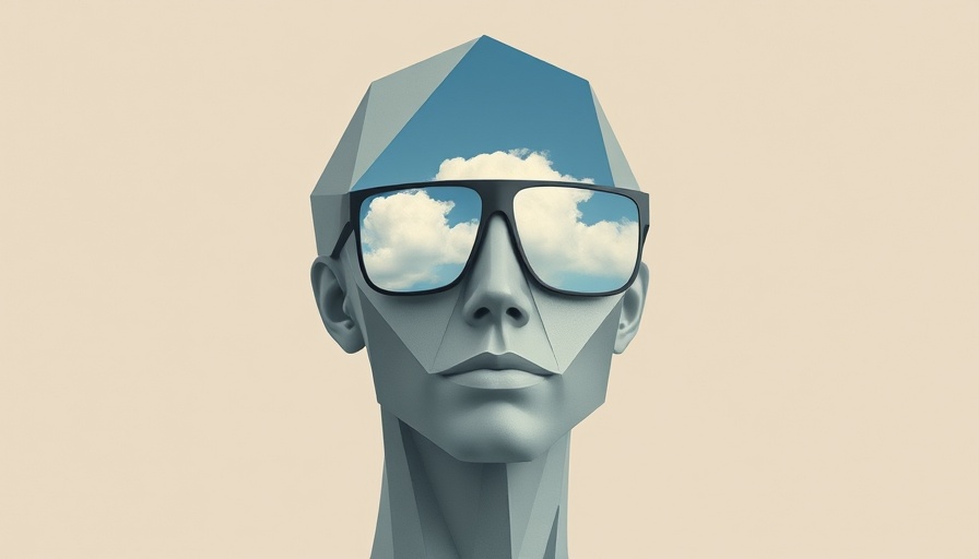 Abstract geometric head with sky-reflective glasses, 2025 AI usage