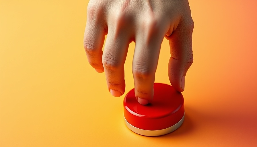 Minimalist hand poised over a large red button, contrasting colors.