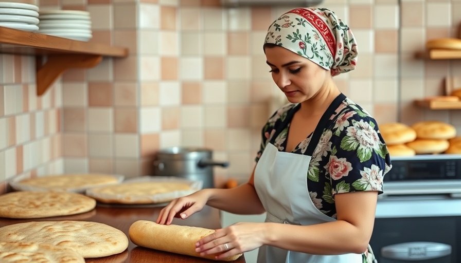 North African baker prepares flatbreads in Marseille kitchen.