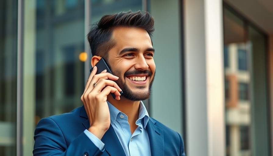 Confident man in a suit talking on phone by a glass building.