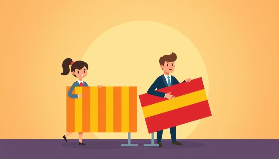 Cartoon characters holding barriers, symbolizing global tariffs.