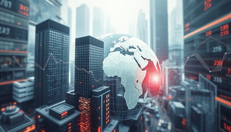 Abstract illustration of global economic impacts with buildings and graphs.