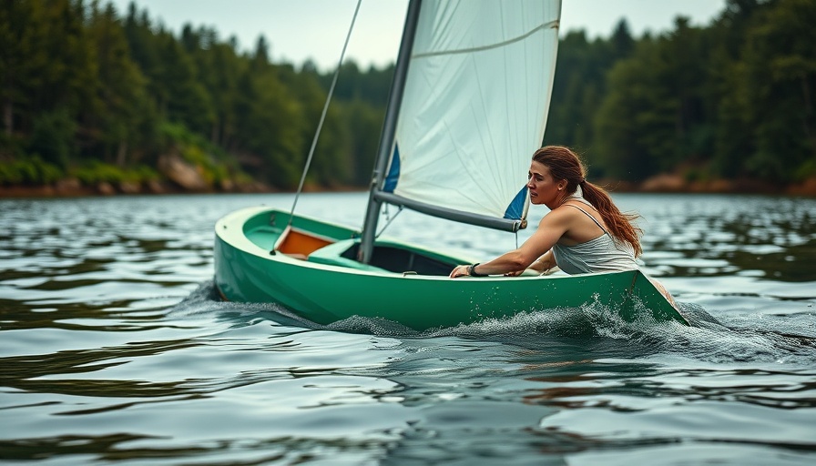 Woman managing sailboat alone on calm water near wooded shore, illustrative of women in business.
