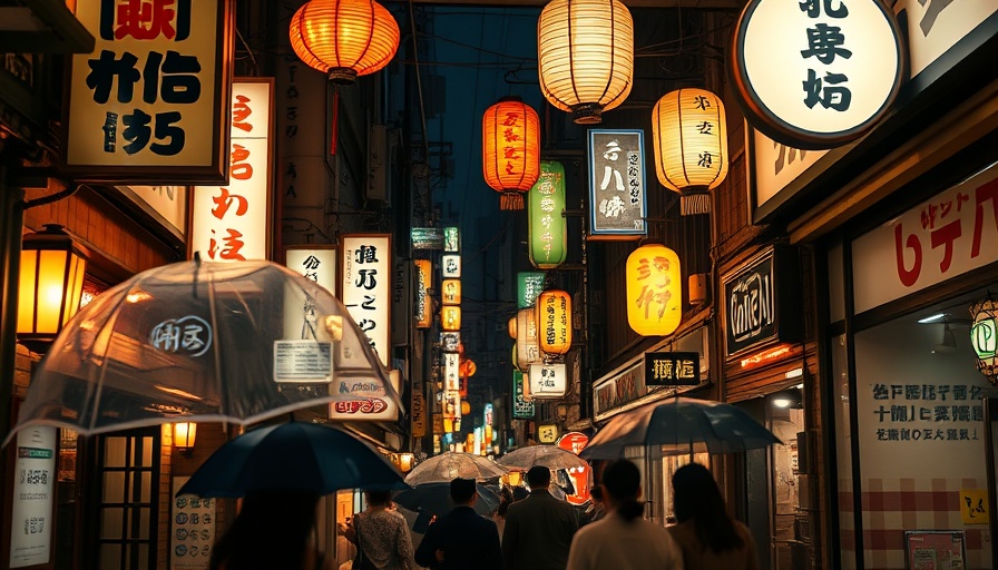 Vibrant Tokyo alley at night with signs and umbrellas, trip to Tokyo.